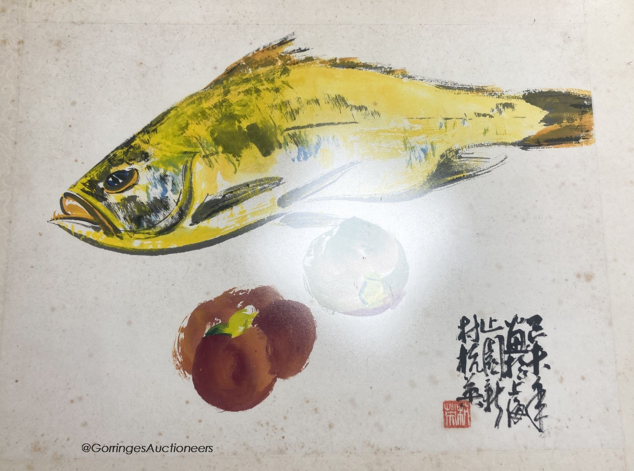 Two Chinese pictures of a fish and a landscape